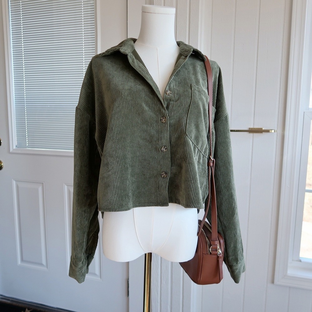 Moa Moa Womens Corduroy Button Up Cropped Shacket Shirt Size M Olive Earthy Boho